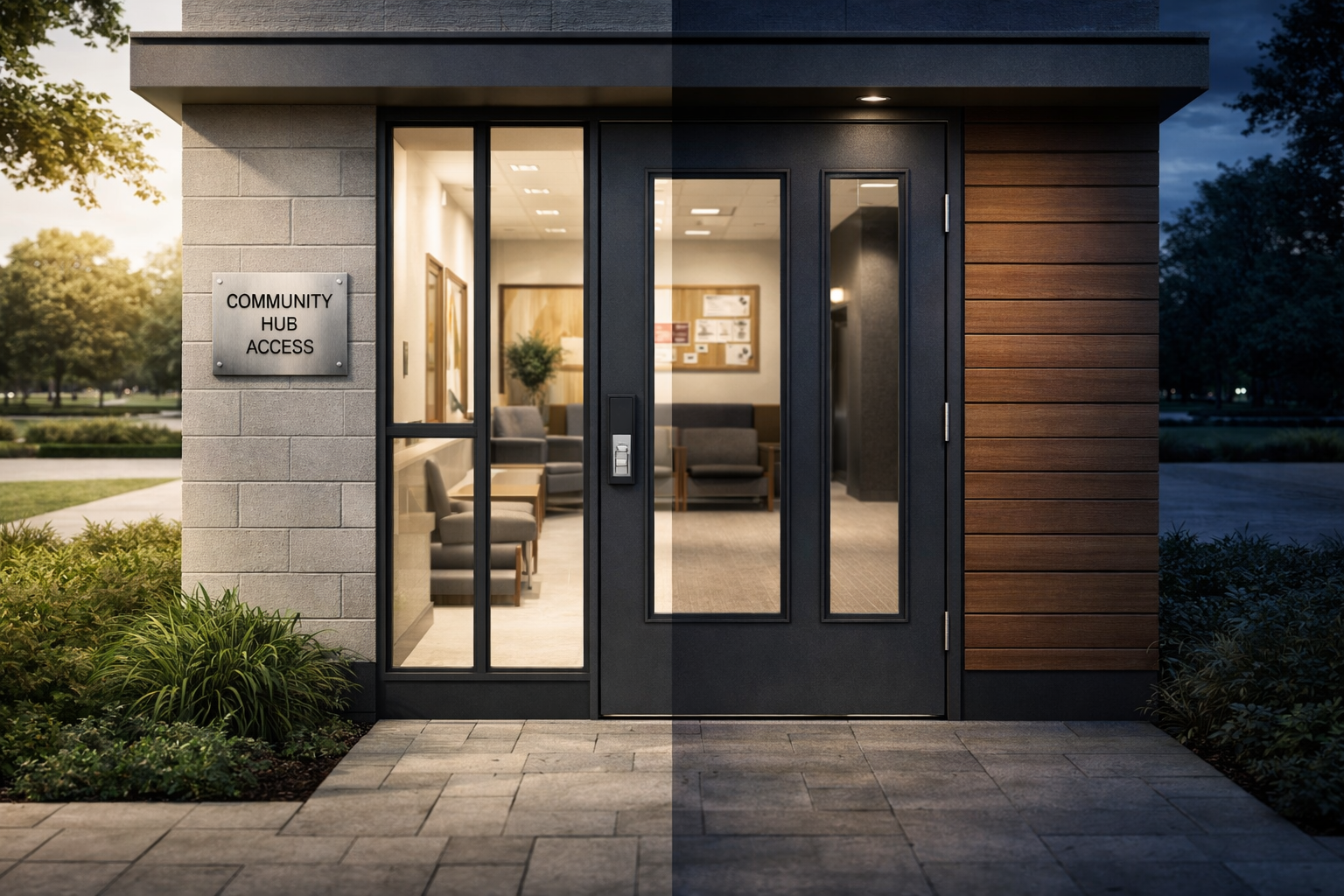 A robust anthracite gray steel security door with anti-vandal glass panels installed at a welcoming community hall entrance within a public park.