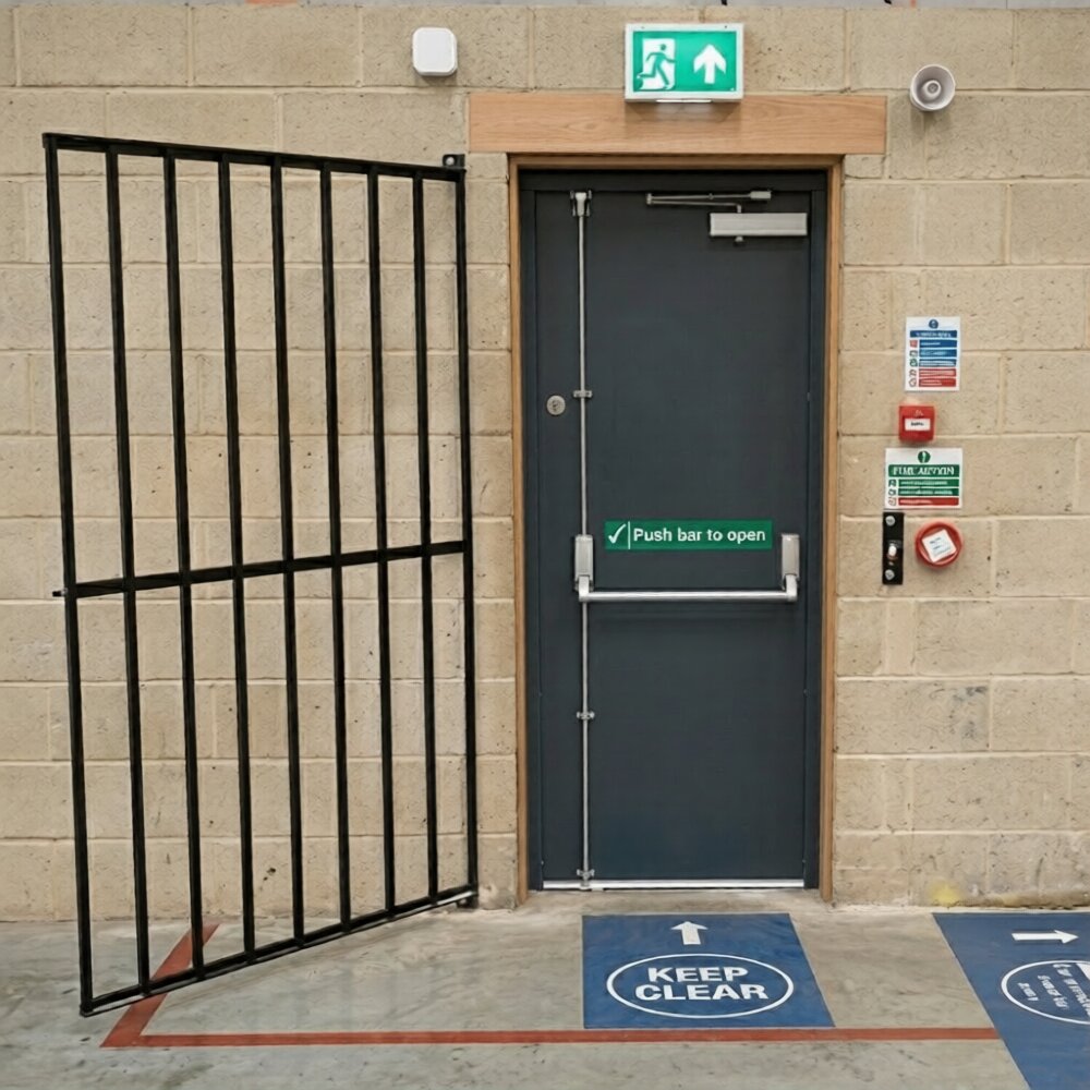 Close-up of UK-compliant crash bar and panic hardware on a steel fire exit door.