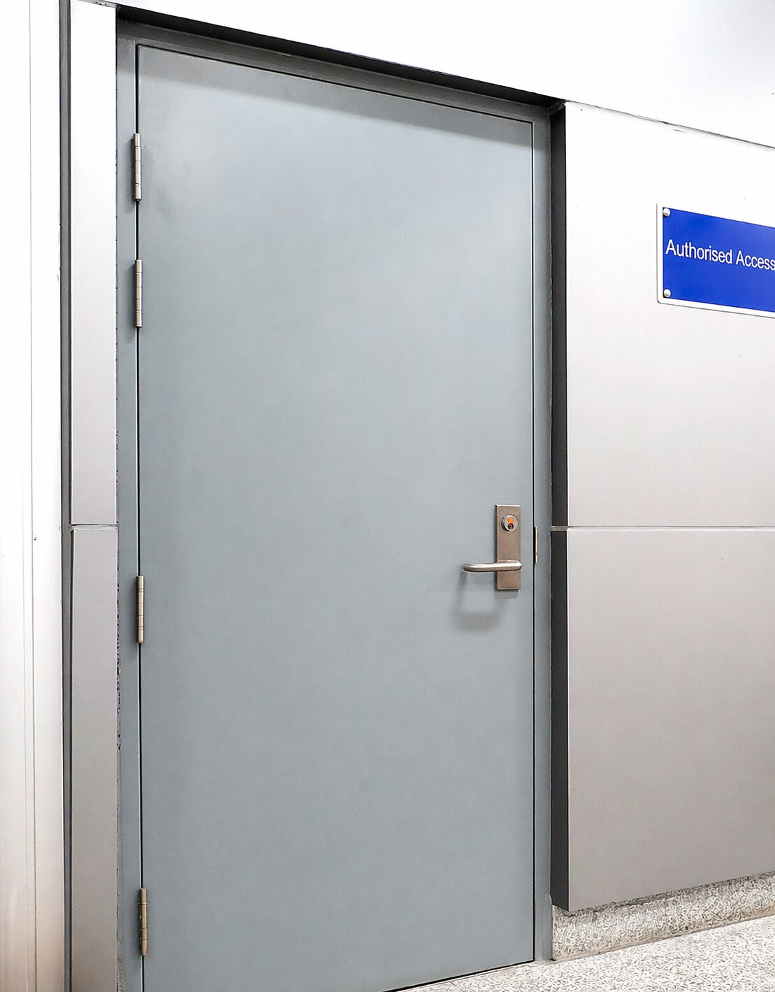 A cutaway view of an Entrad steel door leaf and frame, with a callout highlighting the premium 1.2mm to 1.6mm Zintec steel gauges.