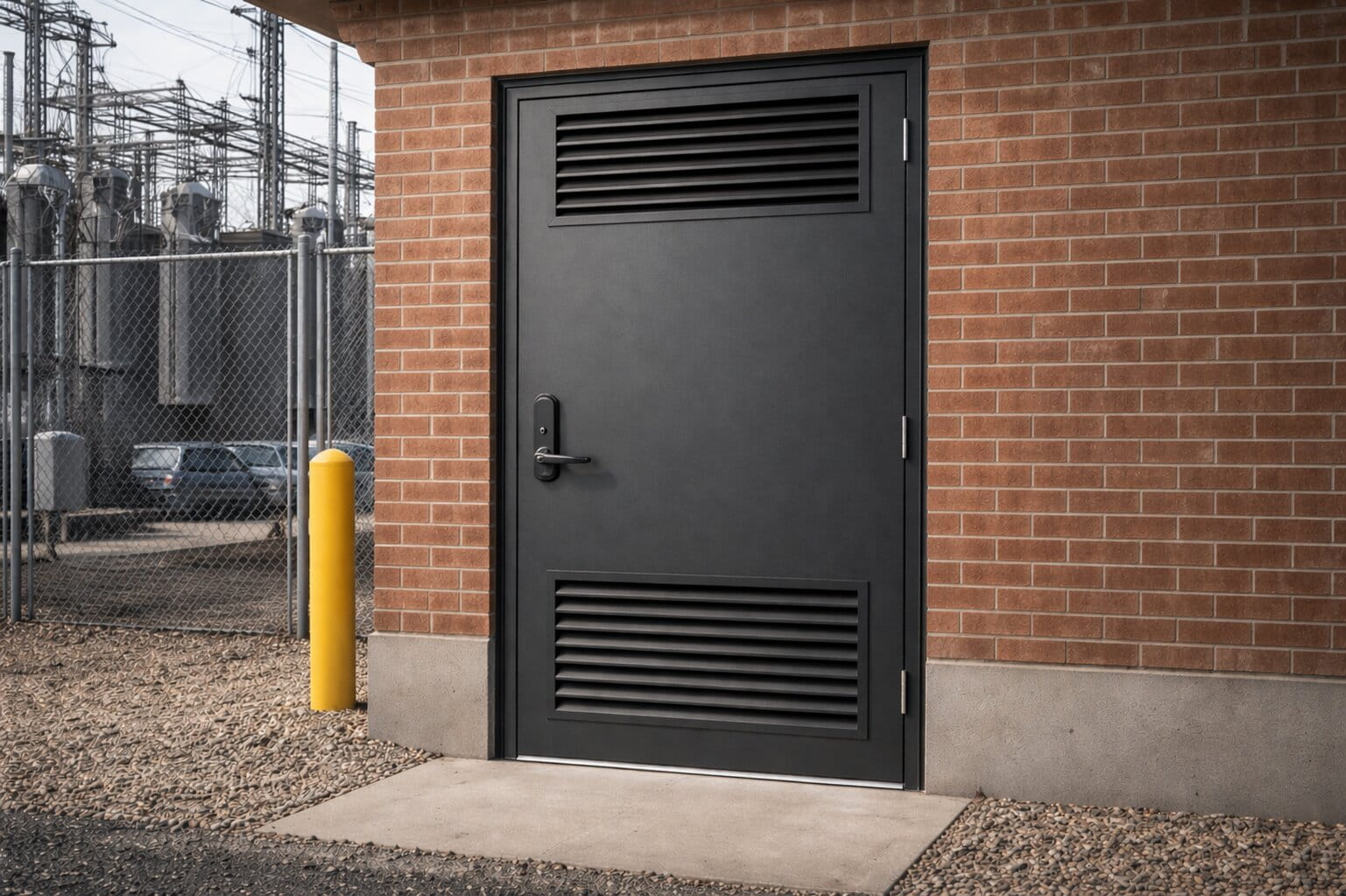 Entrad installation team fitting a bespoke steel security door at a commercial site in the UK.