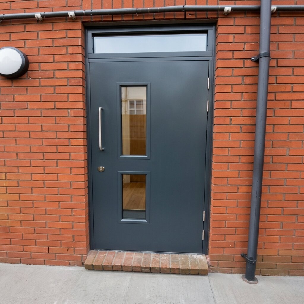 Physical Security Tailored to Your Site 1 Entrad installation team fitting a bespoke steel security door at a commercial site in the UK.
