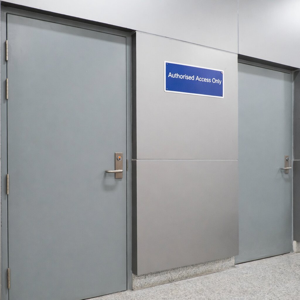 Two Entrad fitters in high-vis vests and safety gear perfectly align a modern, dark grey security door in a commercial building using a laser level and specialized tools, demonstrating precise supply and fit service.
