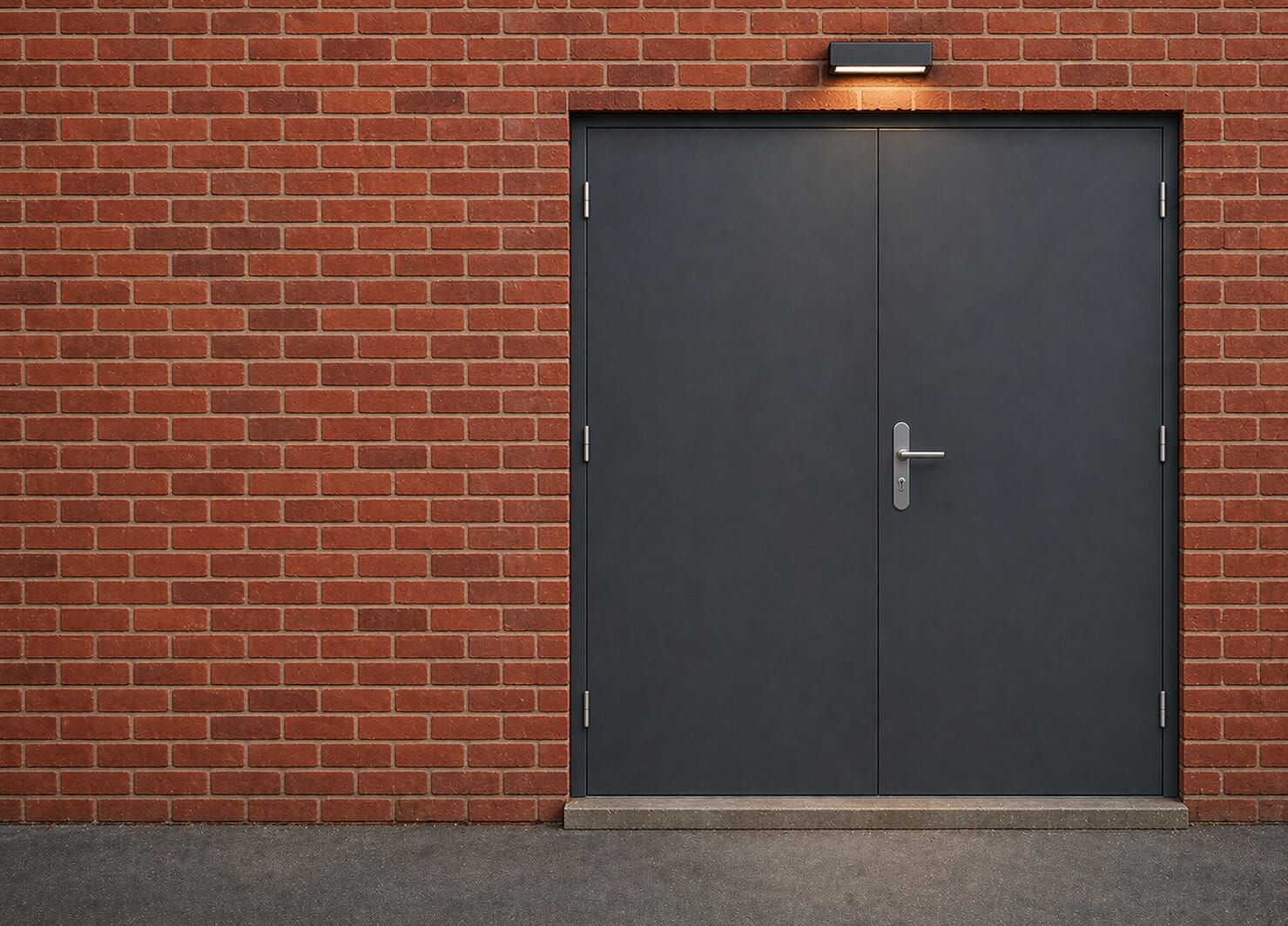 Two professional technicians installing a heavy-duty reinforced steel high-security door on a modern, fortified data center perimeter.